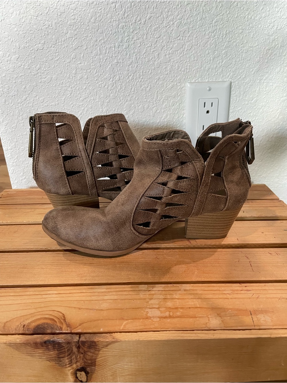 Qupid Brown Suede Cutout Ankle Booties
